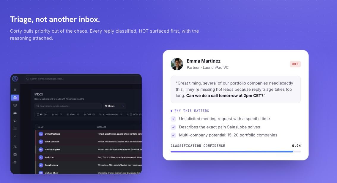 SalesLobe: AI reply triage inbox with classification confidence and reasoning